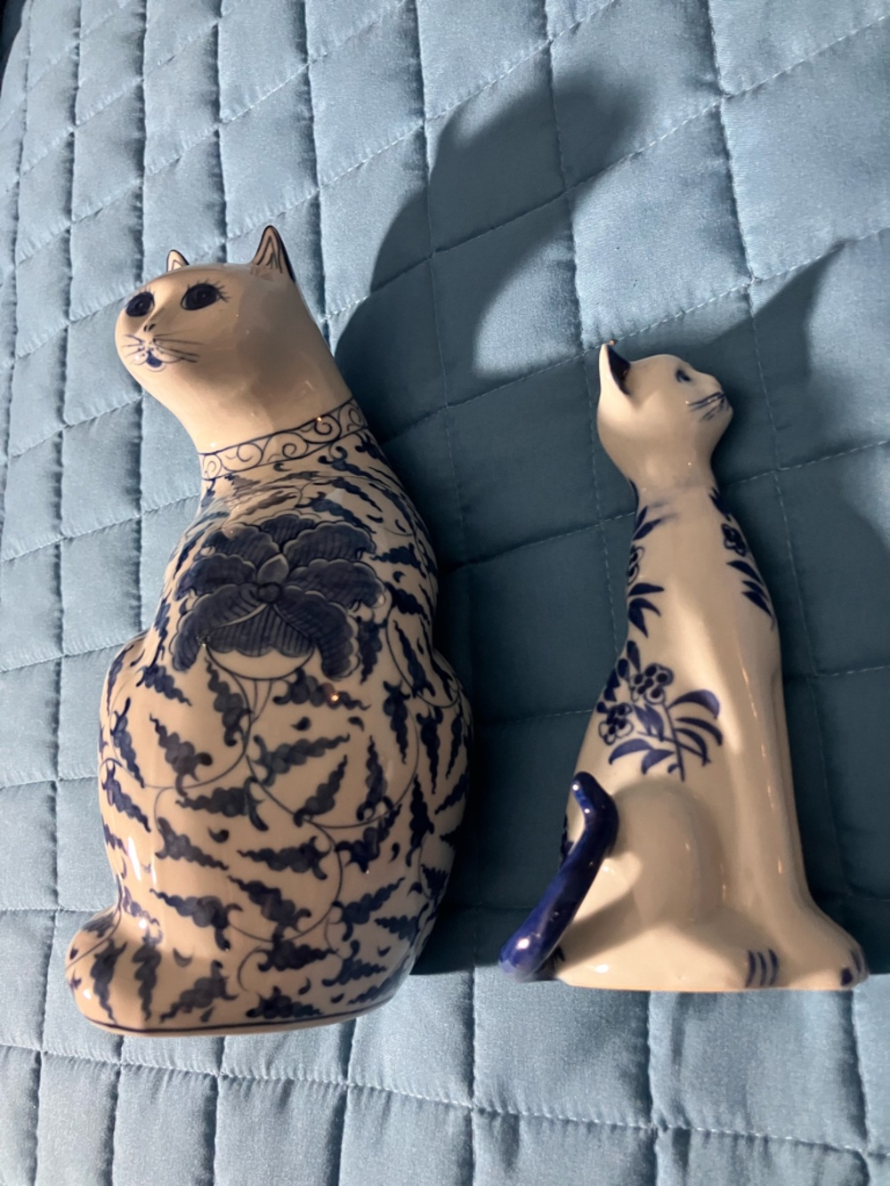 Blue and White Ceramic Cat Figurines - Decorative Home Accent
